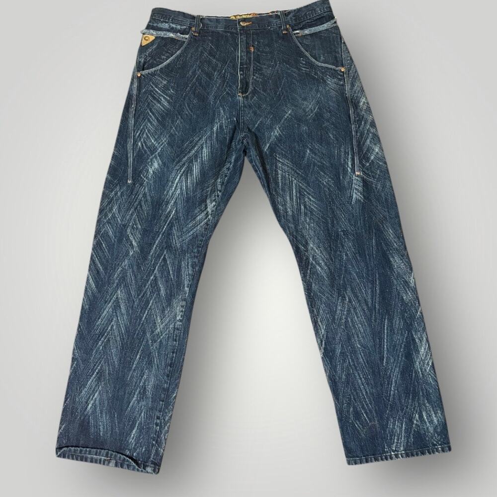 Vintage Akademiks Jeans Baggy Wide Leg Abstract Scratch Wash Y2K Hip Hop 40x30